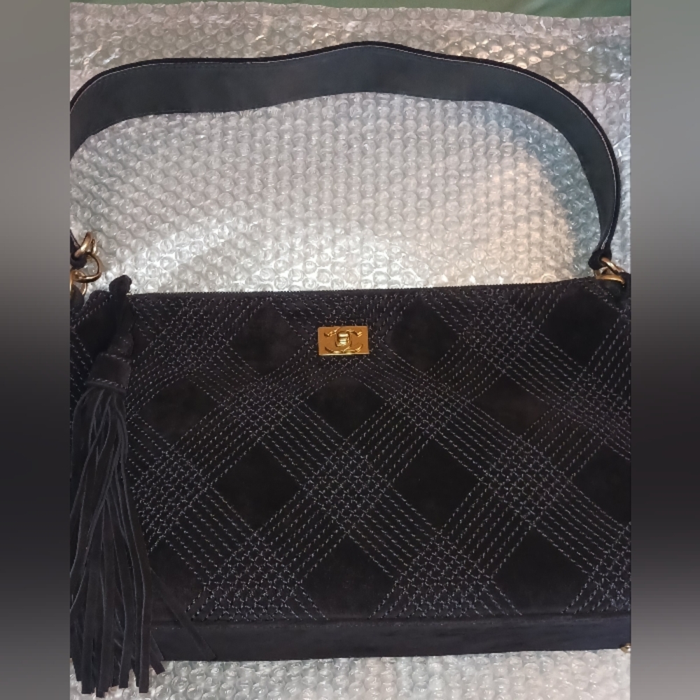 Chanel Quilted Suede  Shoulder Tote Bag With Tassel Fringe Chain. Black